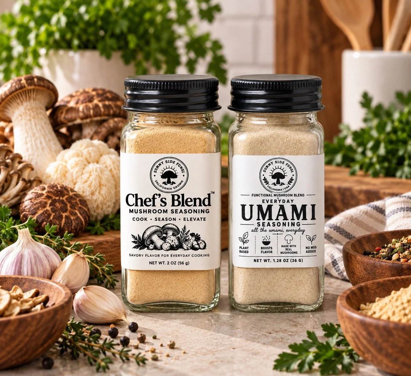 Jars of Sunny Side Fungi Chef’s Blend and Everyday Umami mushroom seasonings with fresh mushrooms