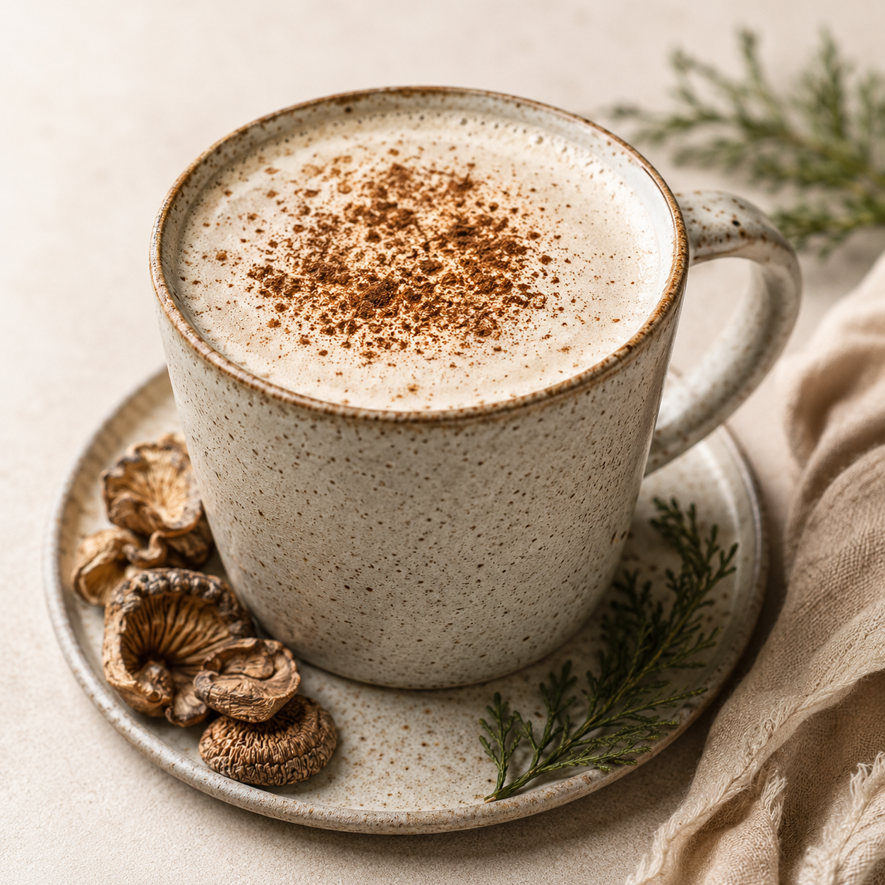 A beige ceramic mug filled with frothy coffee topped with cocoa powder, placed on a matching ceramic saucer surrounded by dried mushrooms and green foliage, with a cream-colored cloth nearby.