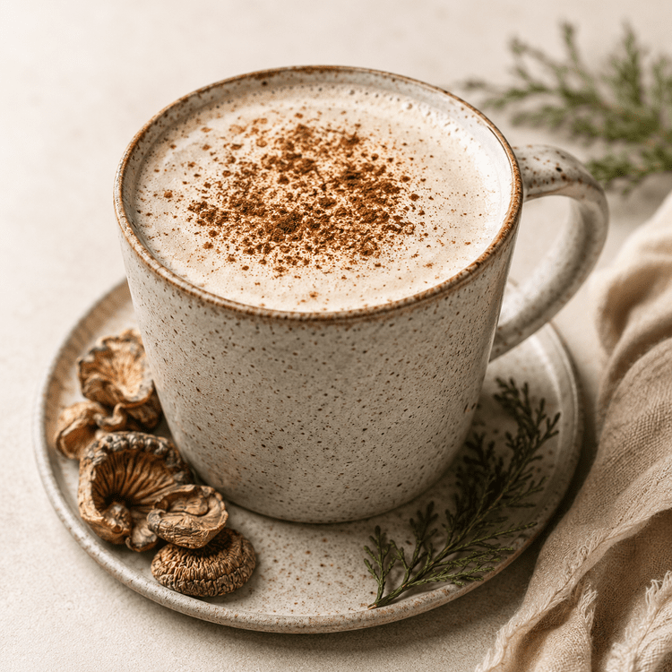 A frothy Evening Ritual latte dusted with cocoa on a ceramic saucer