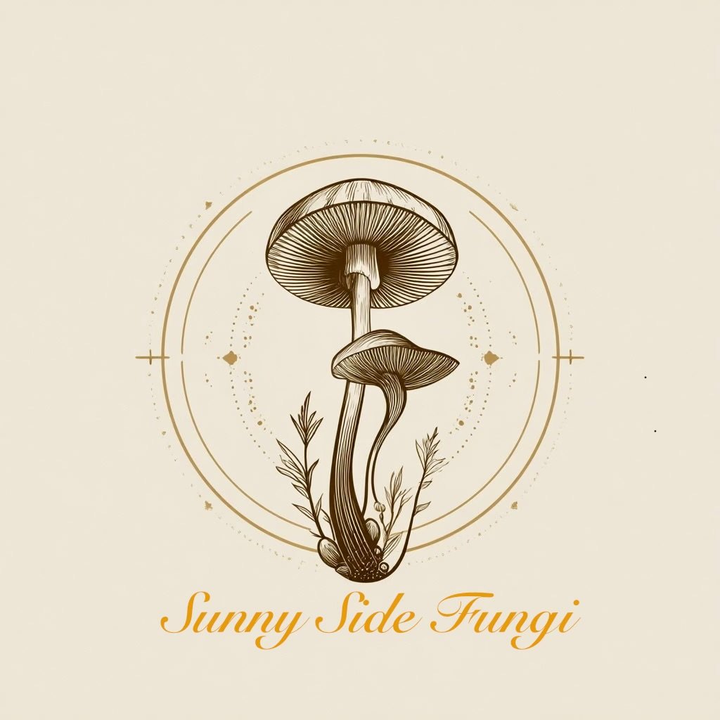 Illustration of two mushrooms with detailed gills, surrounded by decorative circular patterns and plants, with the text "Sunny Side Fungi" in orange cursive at the bottom.