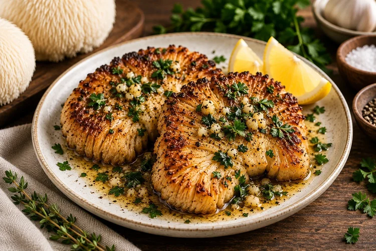 Garlic butter Lion’s Mane mushroom steaks with fresh herbs and lemon