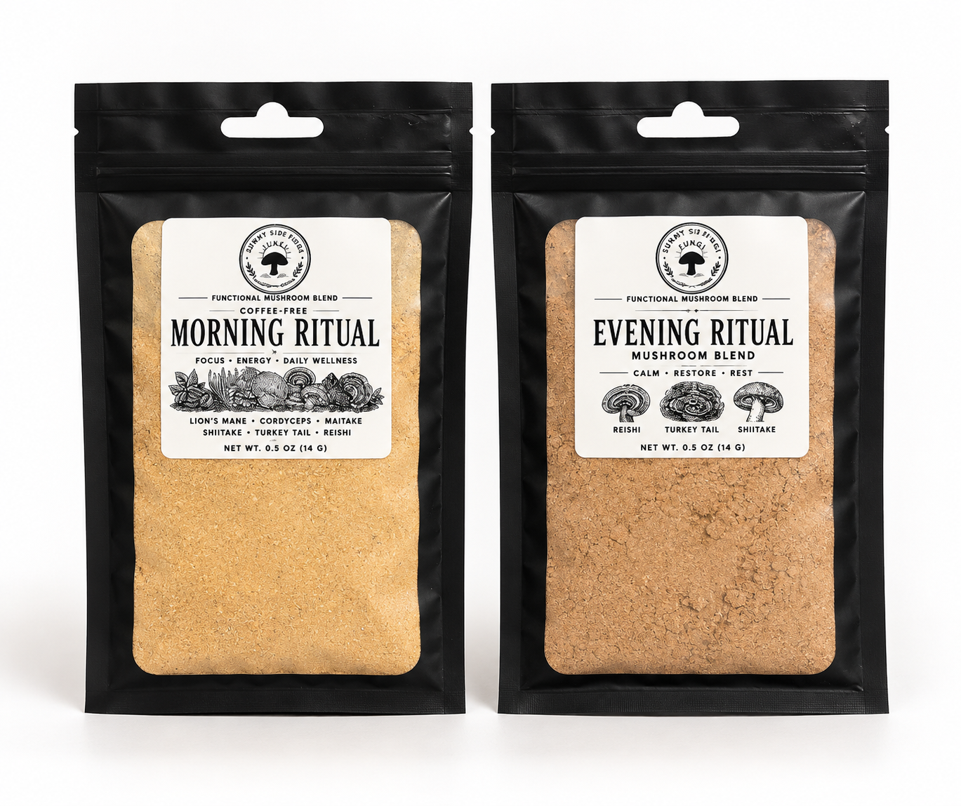 Morning and Evening Ritual mushroom blend Discovery Set with two 0.5 oz Sunny Side Fungi pouches