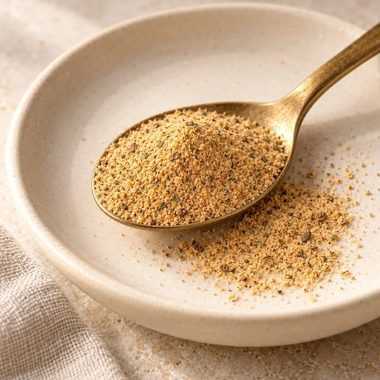 Spoonful of Citrus Umami Seasoning showing the herb flecks
