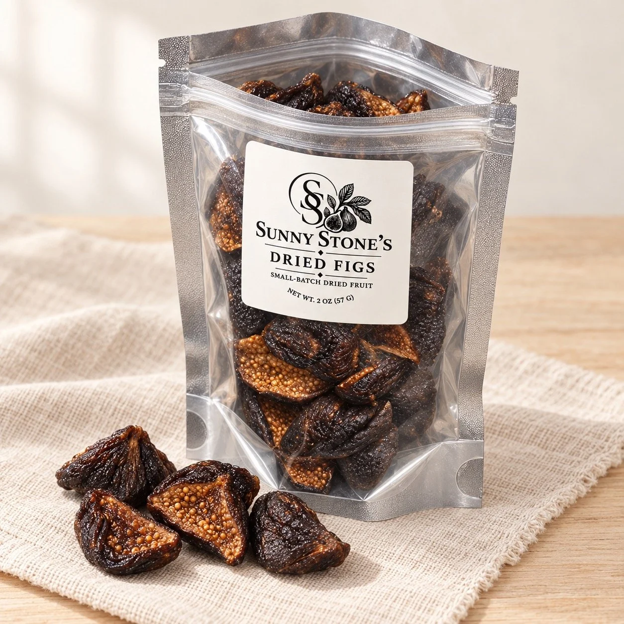 A bag of Sunny Stone’s Small-Batch California Dried Figs on a linen cloth