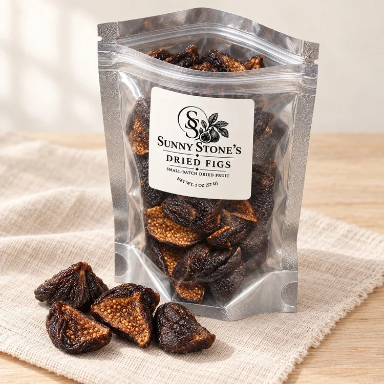 A bag of Sunny Stone’s dried figs on a linen cloth