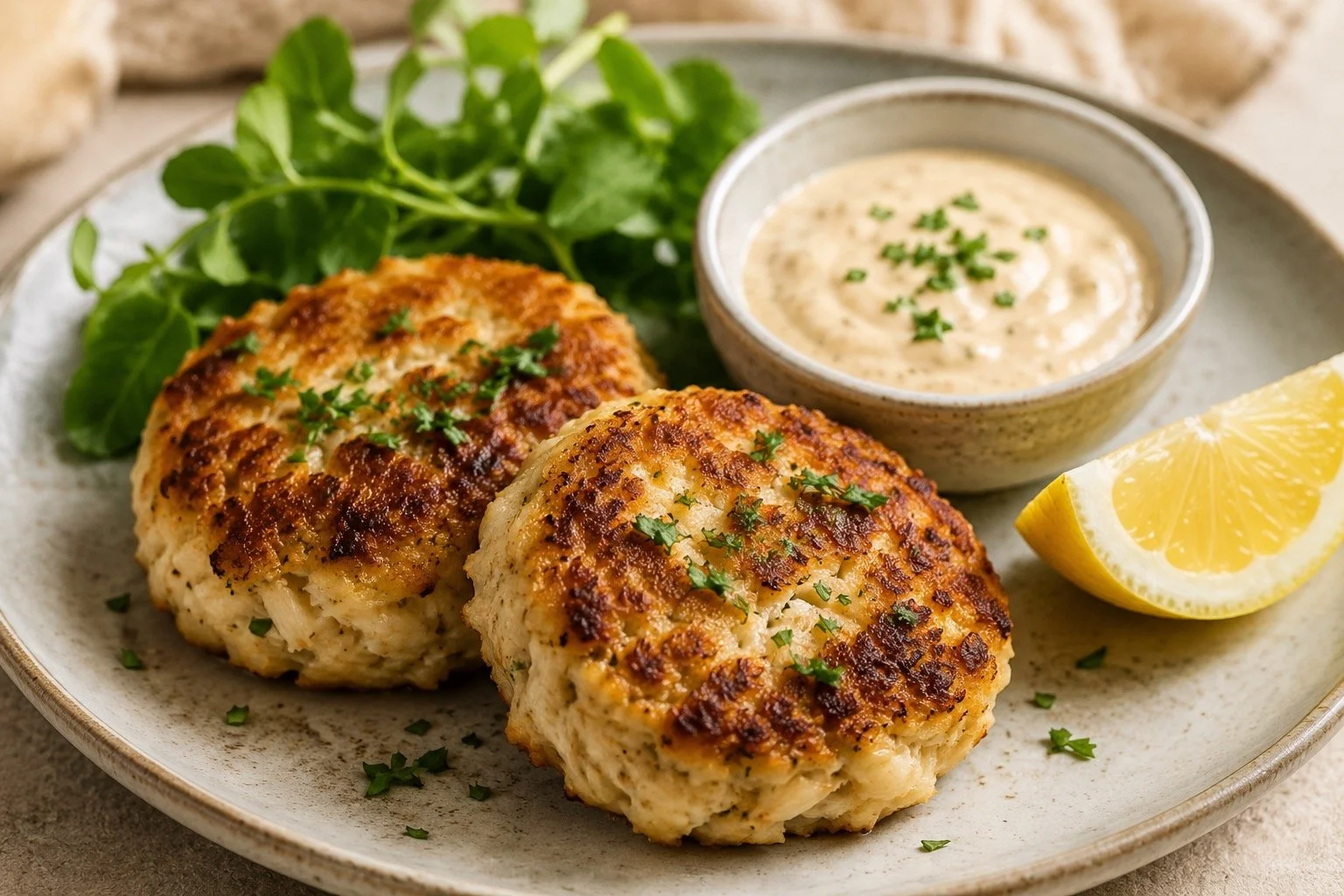 Crispy lion's mane mushroom crab cakes served with lemon and house-made dipping sauce.