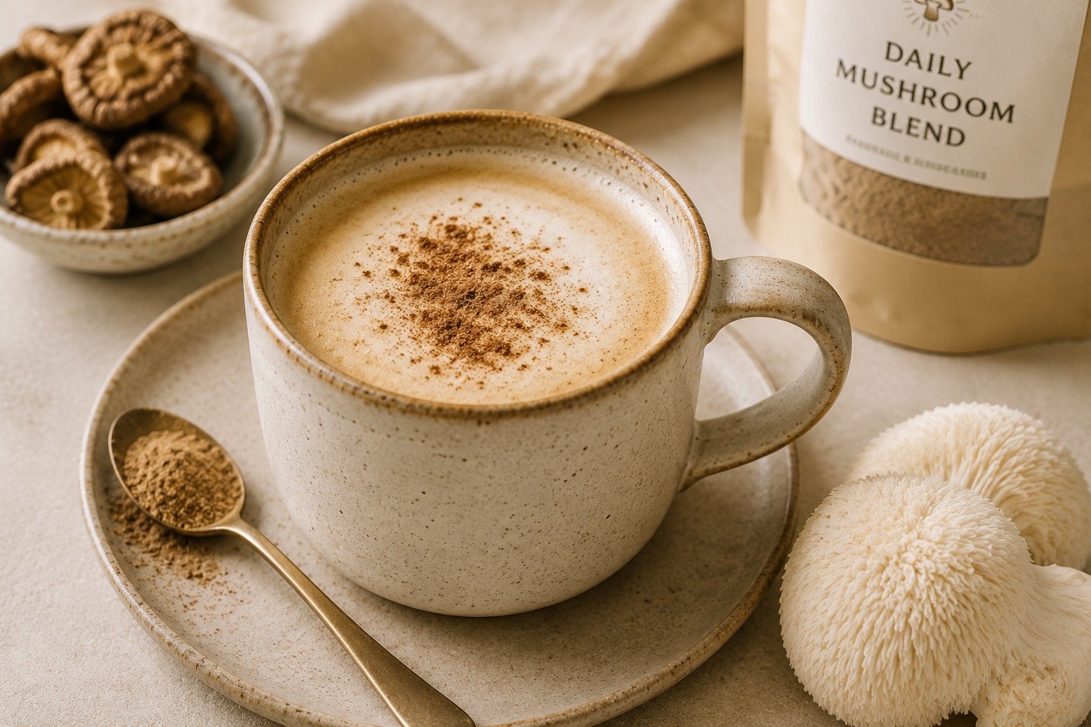 Creamy daily mushroom blend latte made with functional mushroom powders for a balanced and nourishing daily ritual.