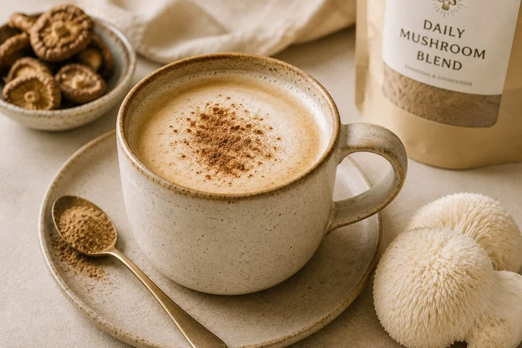 A creamy Daily Ritual mushroom latte in a ceramic mug