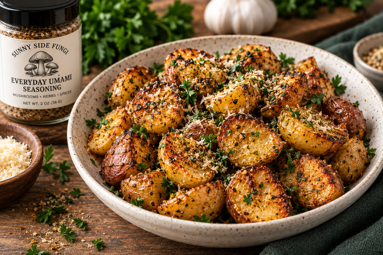 Crispy roasted potatoes seasoned with Everyday Umami mushroom seasoning