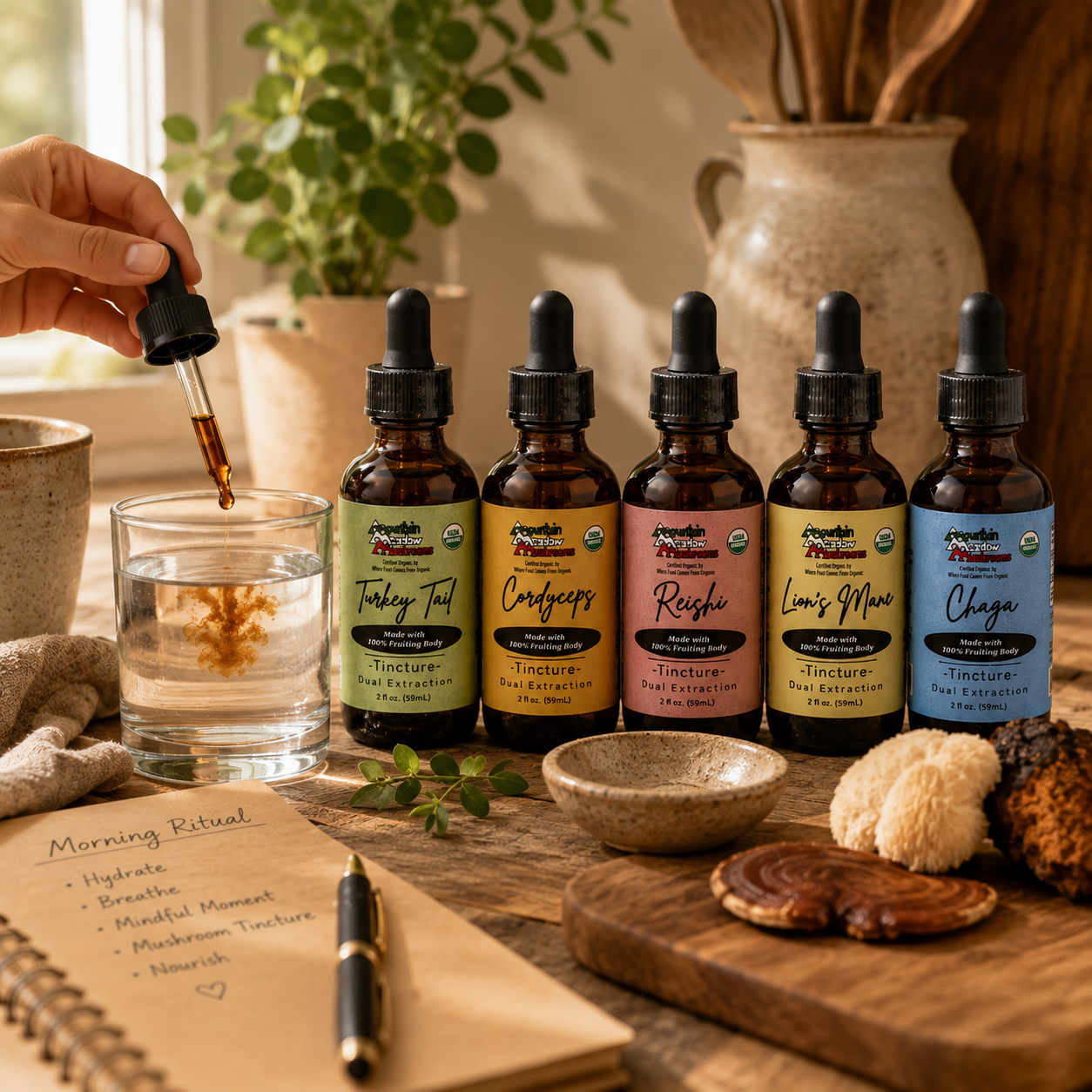 Arrangement of five tincture bottles labeled Turkey Tail, Cordyceps, Reishi, Lion's Mane, and Chaga on a wooden table, with a person using a dropper to transfer tincture into a glass of water; note-taking notebook, pen, small bowls, and decorative items in the background.