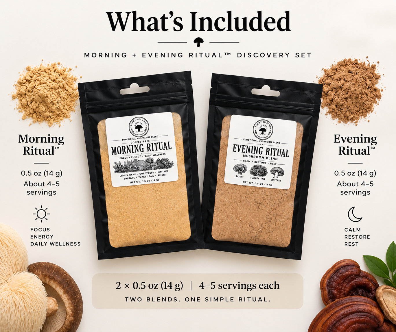 Morning and Evening Ritual Discovery Set with two 0.5 oz mushroom blend pouches and 4 to 5 servings each