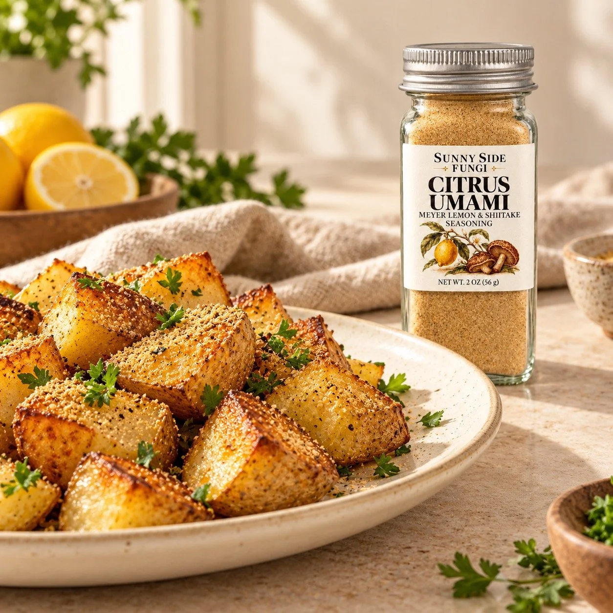 Roasted potatoes seasoned with Citrus Umami, with the jar alongside