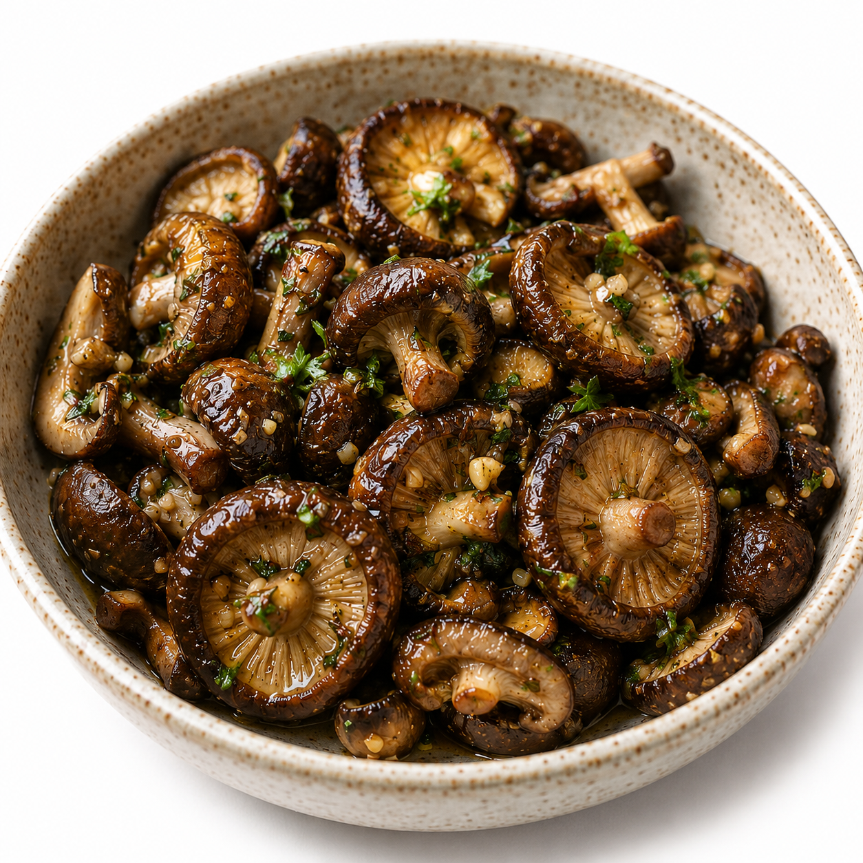 A bowl of cooked shiitake mushrooms garnished with chopped herbs and garlic.