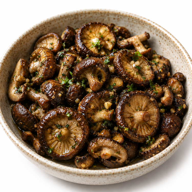 A bowl of garlic butter shiitake mushrooms with chopped herbs