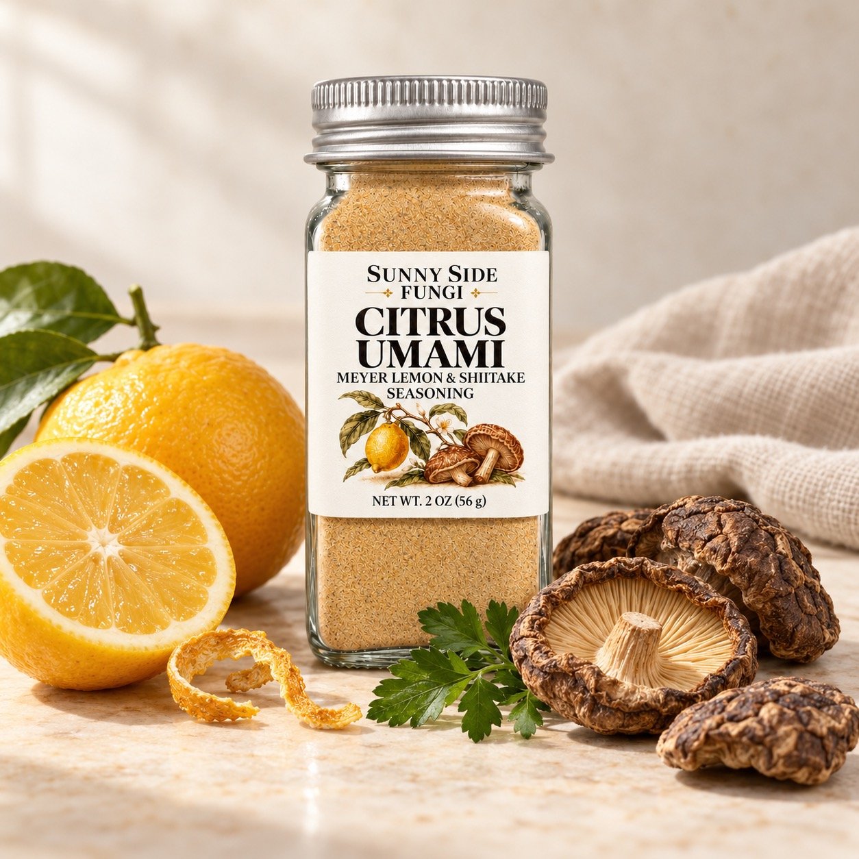 Citrus Umami Seasoning jar with Meyer lemons, dried shiitake and parsley