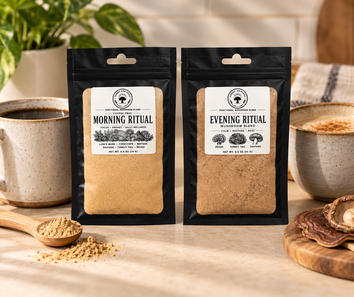 Morning and Evening Ritual mushroom blends with coffee and an evening drink