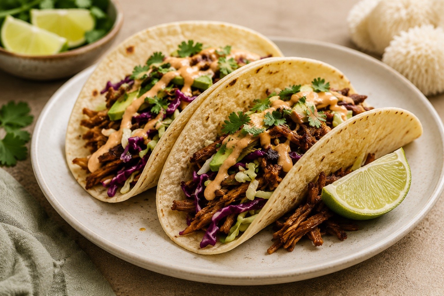Lion's mane mushroom tacos made with tender pulled mushrooms, fresh slaw, avocado, cilantro, and lime.