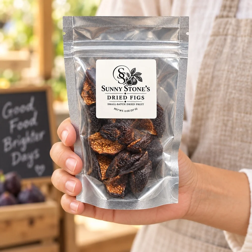 Holding a bag of Sunny Stone’s dried figs at the market