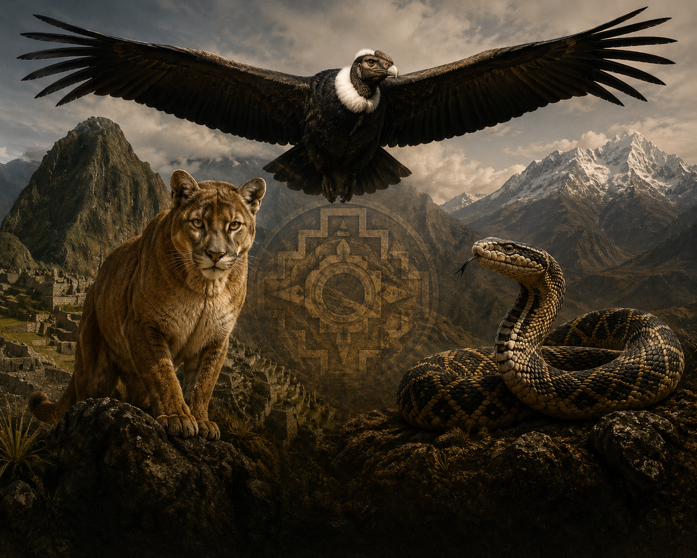 A composite image of four animals: a mountain lion sitting on rocks in the foreground, a golden eagle flying overhead, a snake with a detailed pattern on the right, and a mountainous landscape with ancient ruins in the background.