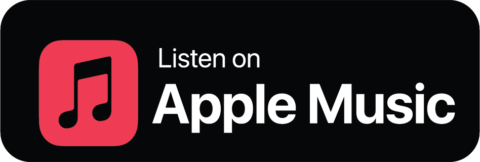 Apple Music logo with a red background and black musical note icon, next to the text "Listen on Apple Music" in white.