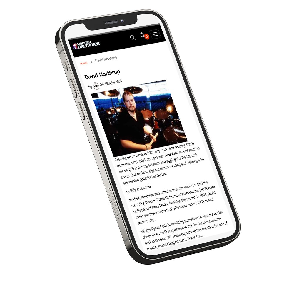 Smartphone displaying a webpage about musician David Northup with a photo of him playing drums.