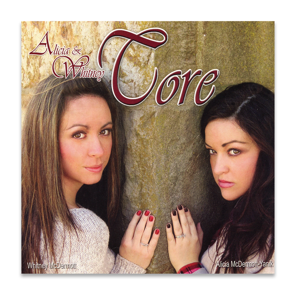 Two women with brown hair, one with light and one with dark, face the camera with their hands on a tree trunk with painted nails, and look serious. The title 'Core' appears above them, with the names Whitney McDermott and Alicia McDermott-Yanik noted at the bottom.