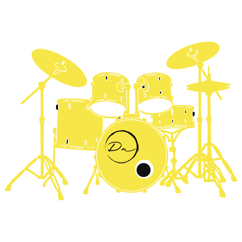 Yellow cartoon drum set with cymbals on black background.