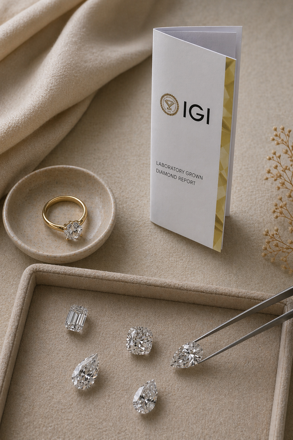 A ring with a large round diamond in a gold band rests on a small beige dish, with a report titled "Lab Grown Diamond Report" standing upright behind it, surrounded by a beige fabric, a jewelry tray with loose diamonds and tweezers, and dried flowers.