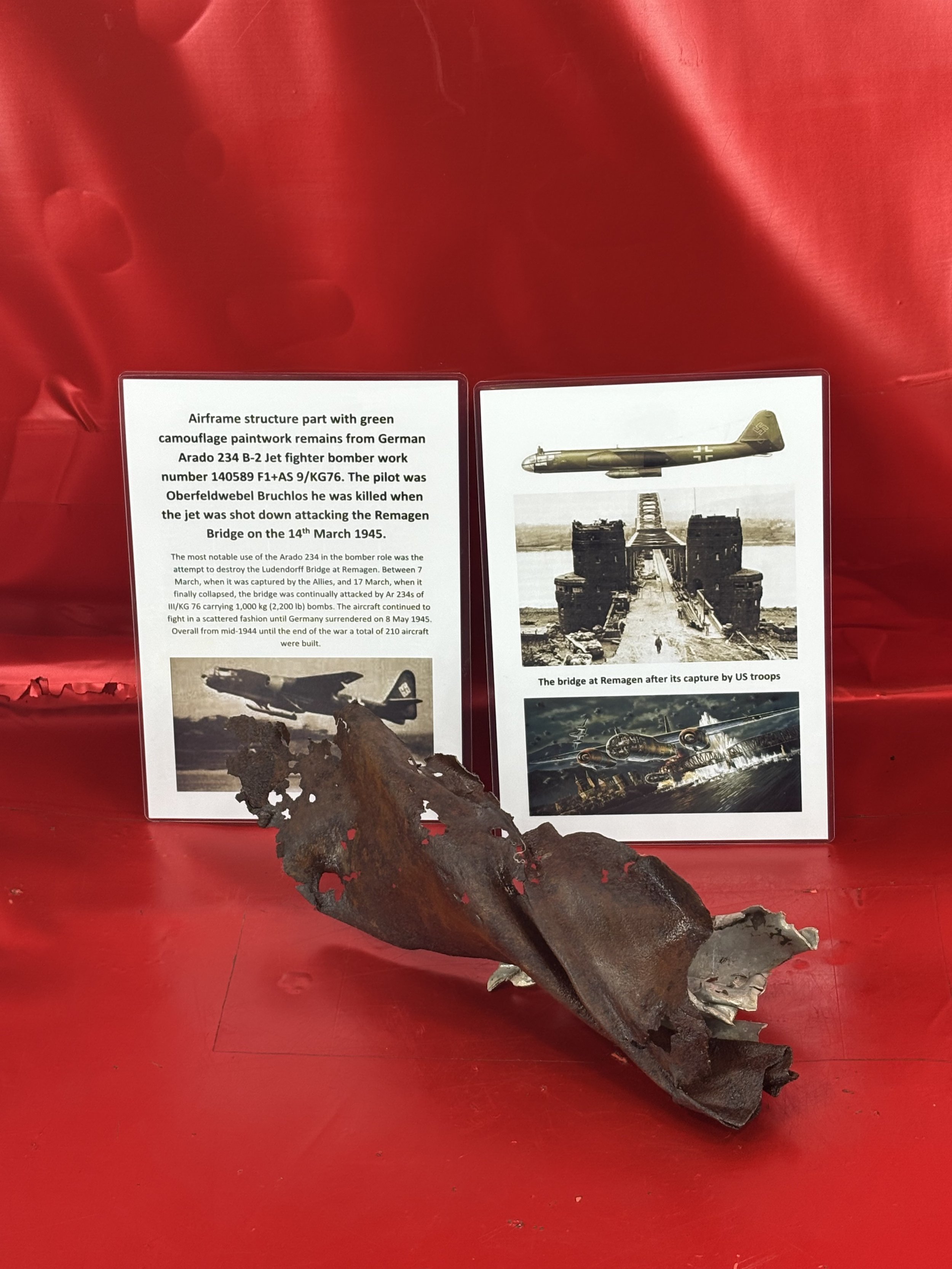 Airframe structure part with green paintwork remains from German Arado 234 B-2 Jet fighter bomber work number 140589 F1+AS 9/KG76, shot down attacking the Remagen Bridge on the 14th March 1945