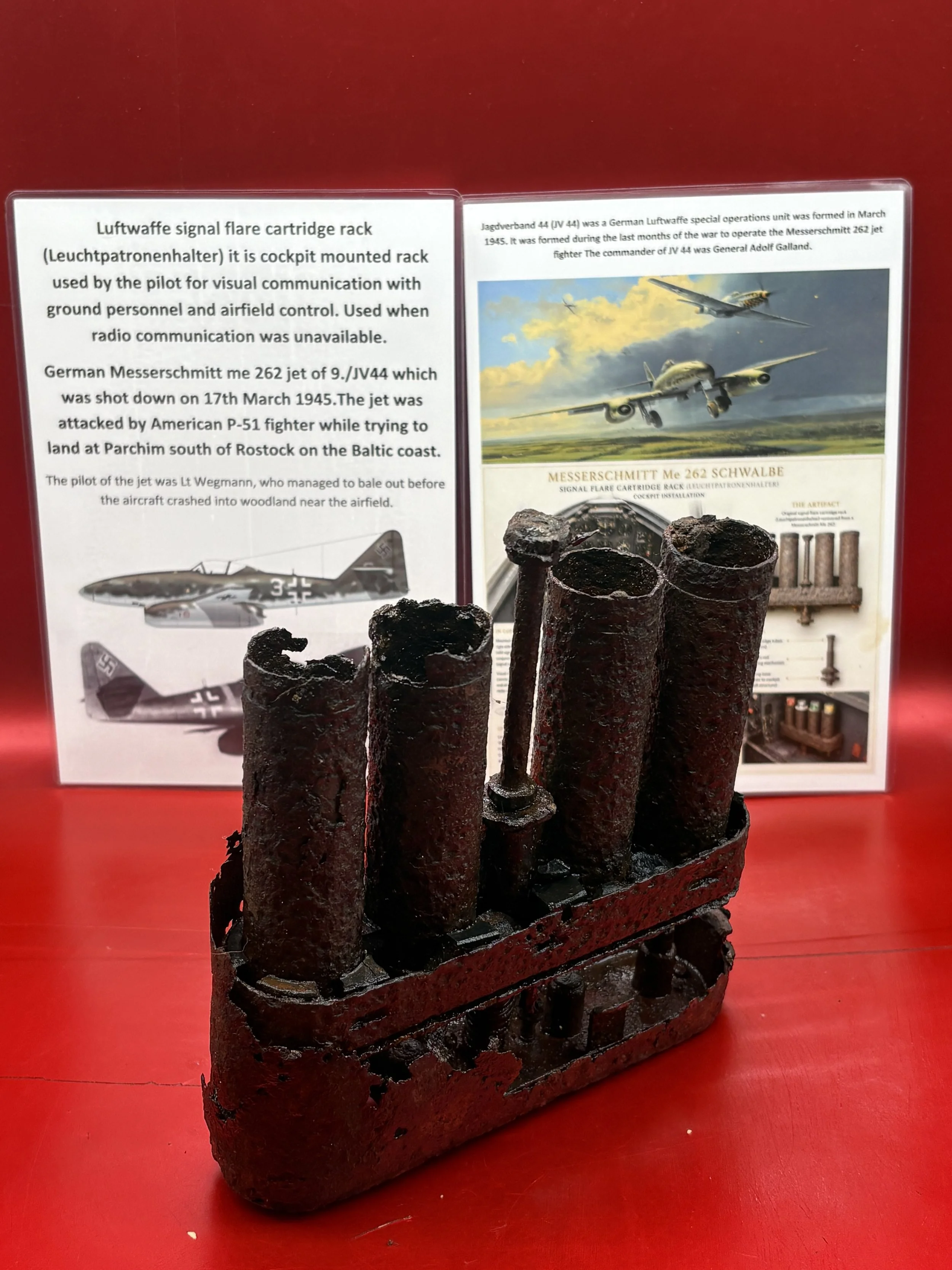 Luftwaffe signal flare cartridge rack (Leuchtpatronenhalter) it is cockpit mounted rack used by the pilot from German Messerschmitt me 262 jet of 9./JV44,shot down 17th March 1945,crashed at Parchim