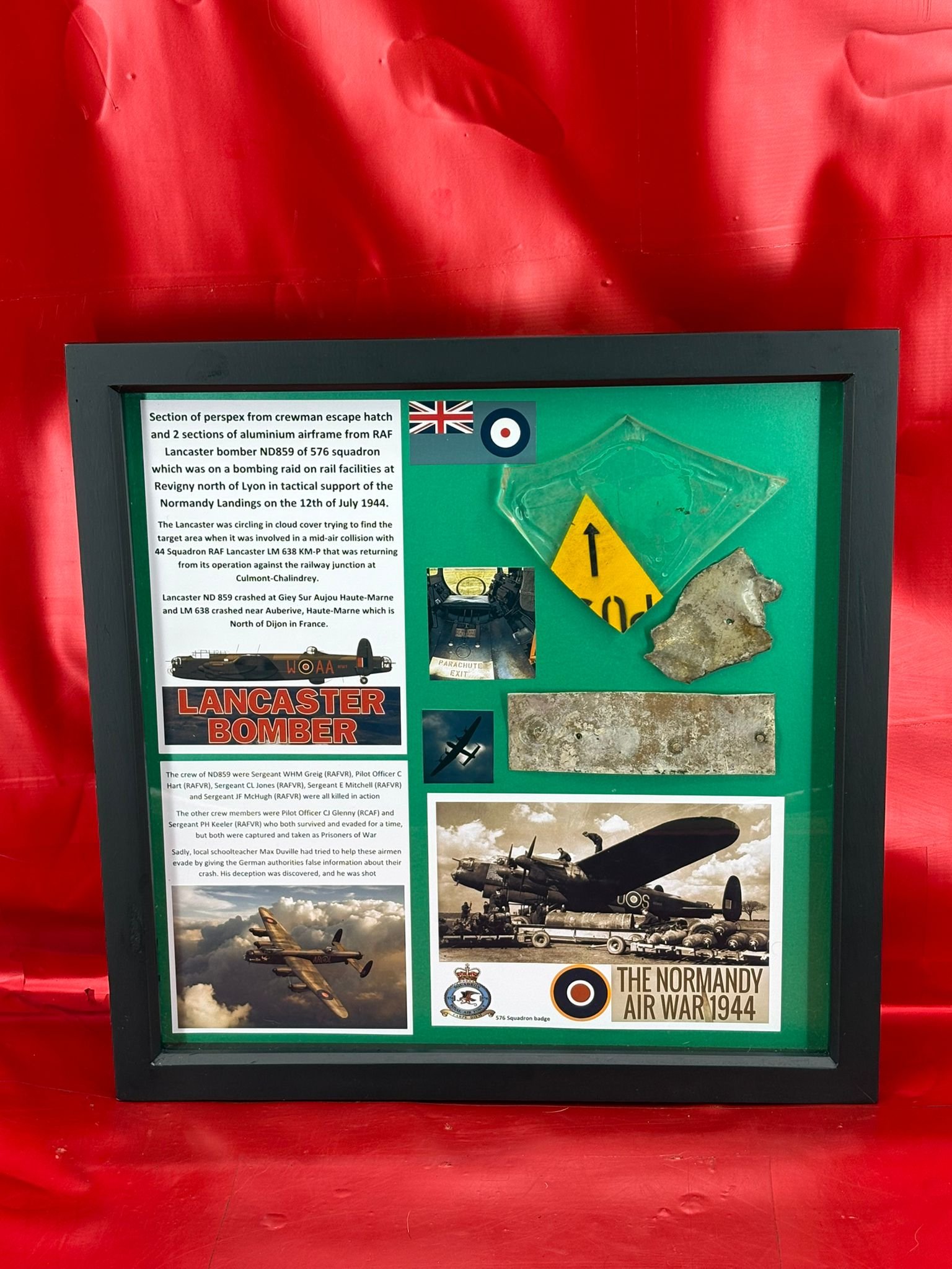Large glass-framed section of perspex from crewman escape hatch, airframe sections from RAF Lancaster bomber ND859, shot down while flying tactical support of Normandy Landings on 12th of July 1944