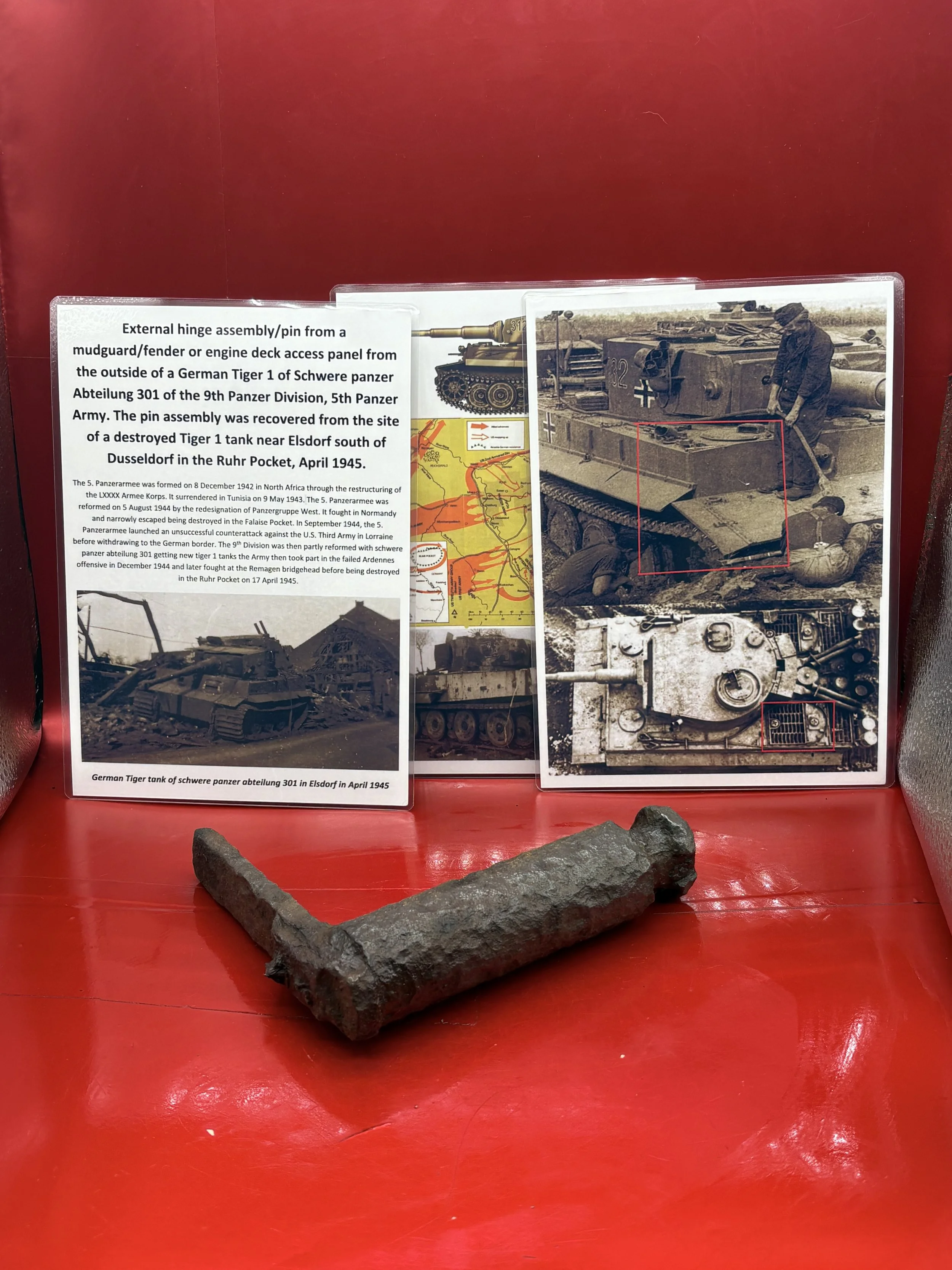 Complete external hinge assembly/pin from a mudguard/fender or engine deck access panel from a German tiger 1 tank recovered near Elsdorf south of Dusseldorf in the Ruhr Pocket April 1945