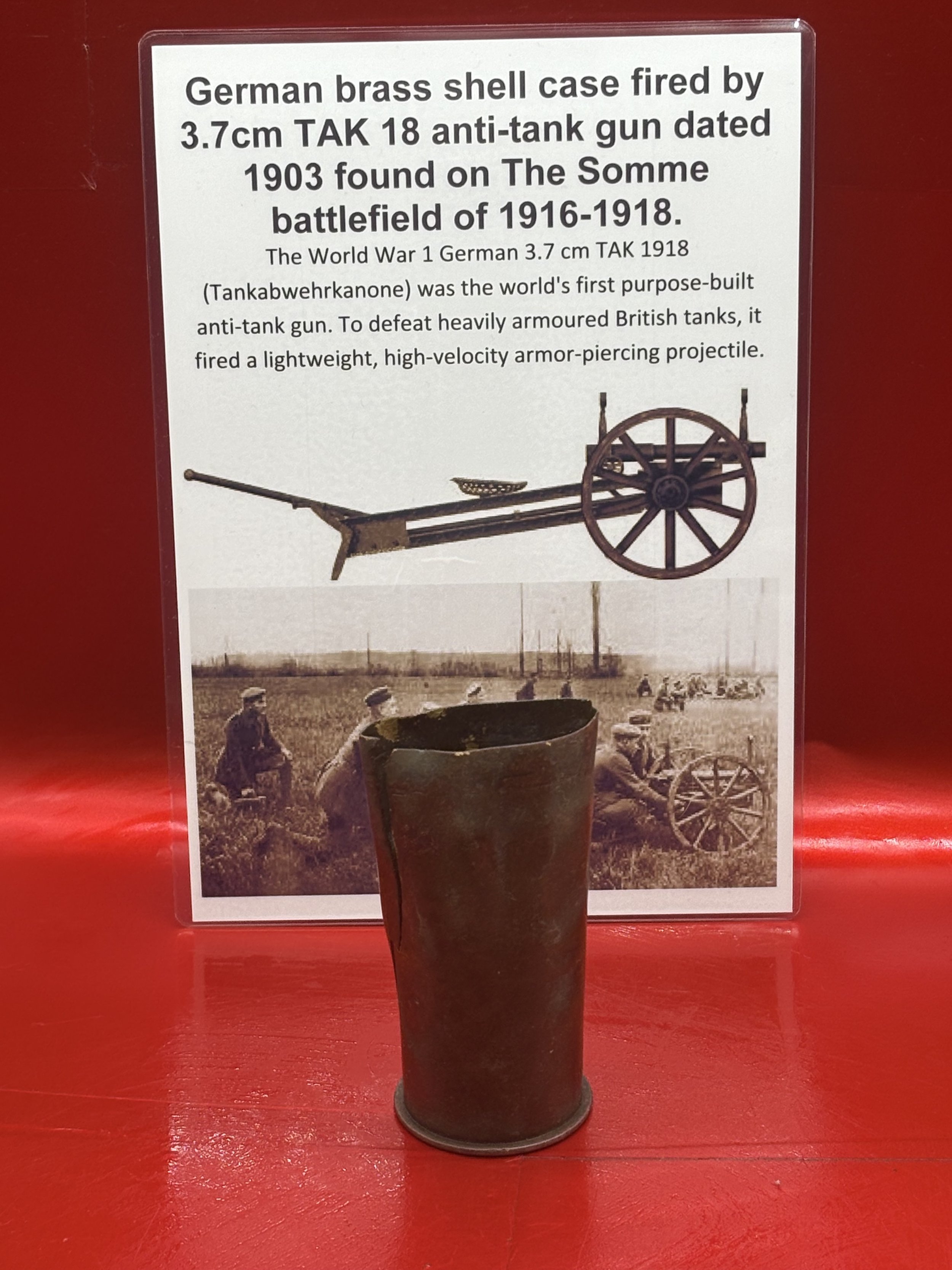 Very rare German brass shell case fired by 3.7cm TAK 18 anti-tank gun dated 1903 found on The Somme battlefield of 1916-1918.