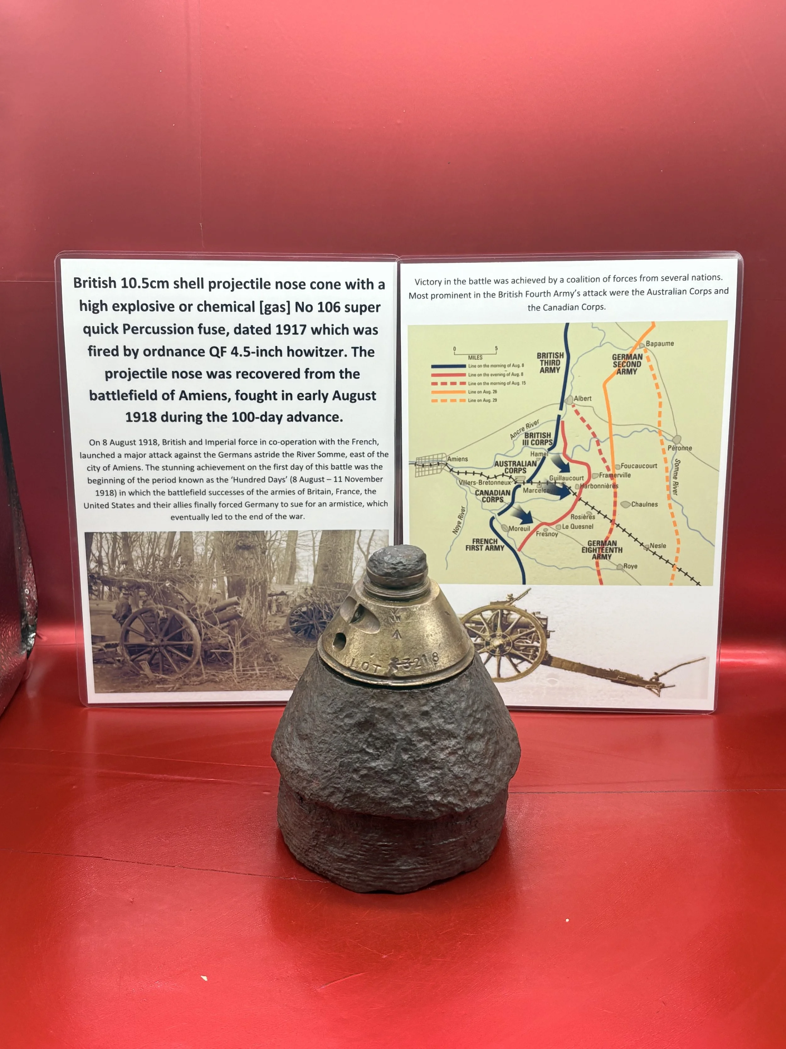 British 10.5cm shell projectile nose cone with high explosive or chemical [gas] No 106 super quick Percussion fuse, dated 1917,fired by ordnance QF 4.5-inch howitzer recovered from battle Amiens 1918