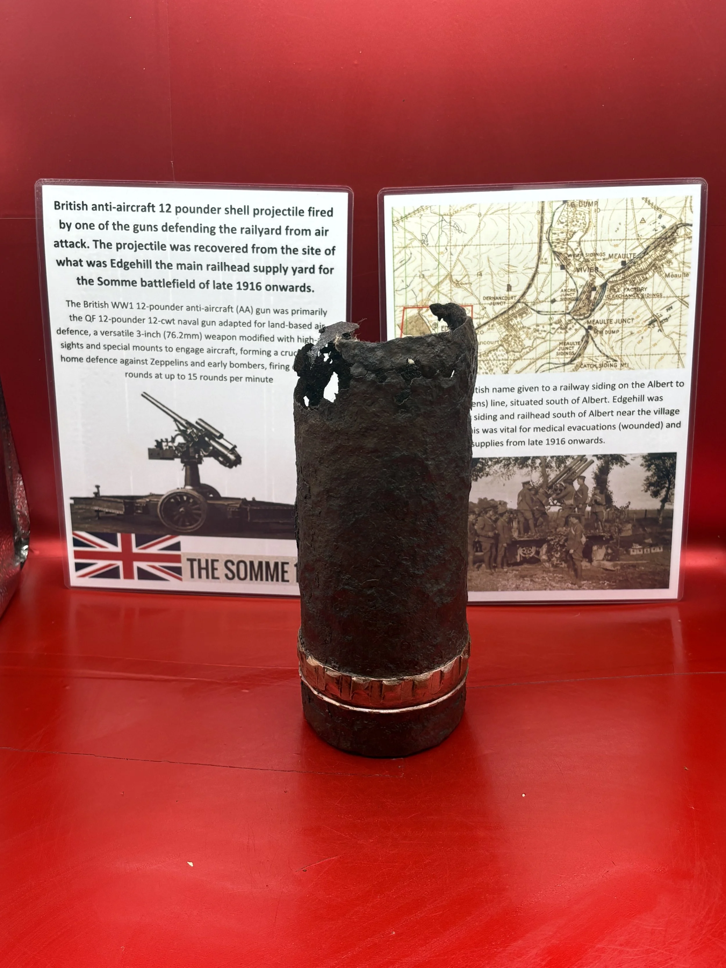 British anti-aircraft 12 pounder shell projectile fired by gun defending the rail yard from air attack it was recovered from the site of Edgehill, main rail head supply yard on Somme battlefield 1916