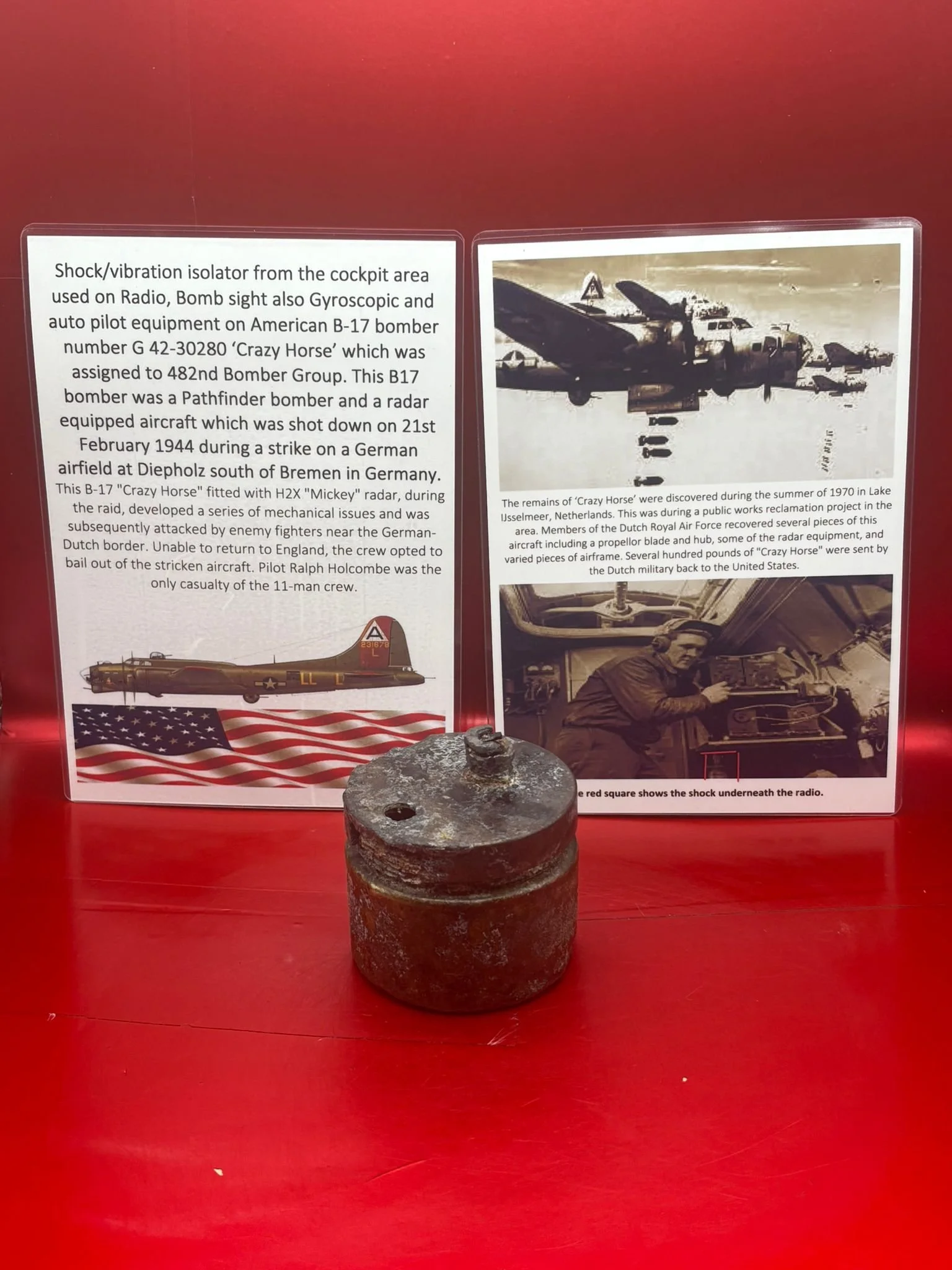 Shock/vibration isolator from the cockpit area used on radio-bomb sight from inside American B-17 bomber G 42-30280 Crazy Horse shot down 21 February 1944 in Germany