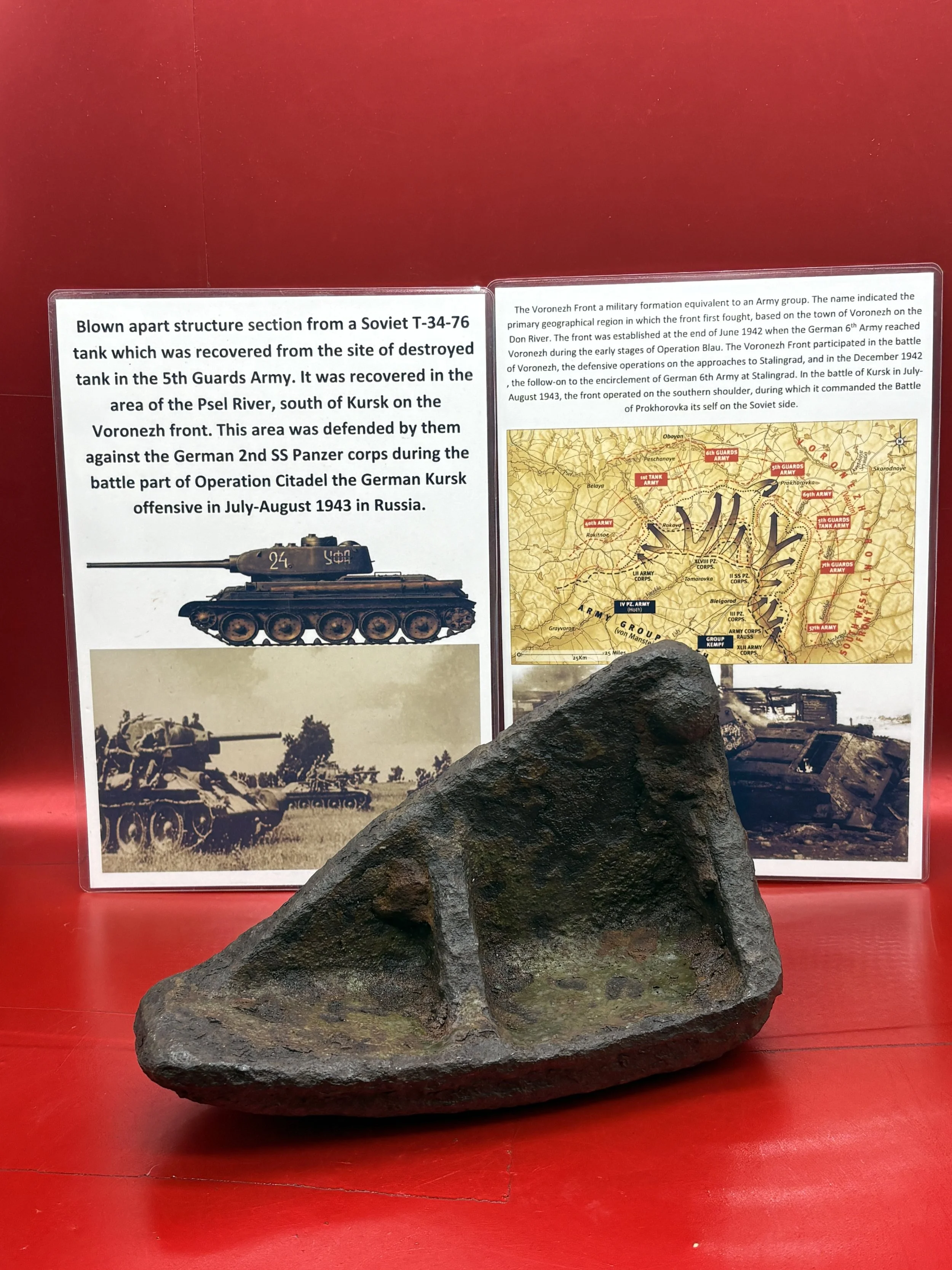 Blown apart structure section with original green paintwork remains from a Soviet T-34-76 tank, recovered from the site of destroyed tank of 5th Guards Army in the area, Psel River near Kursk 1943