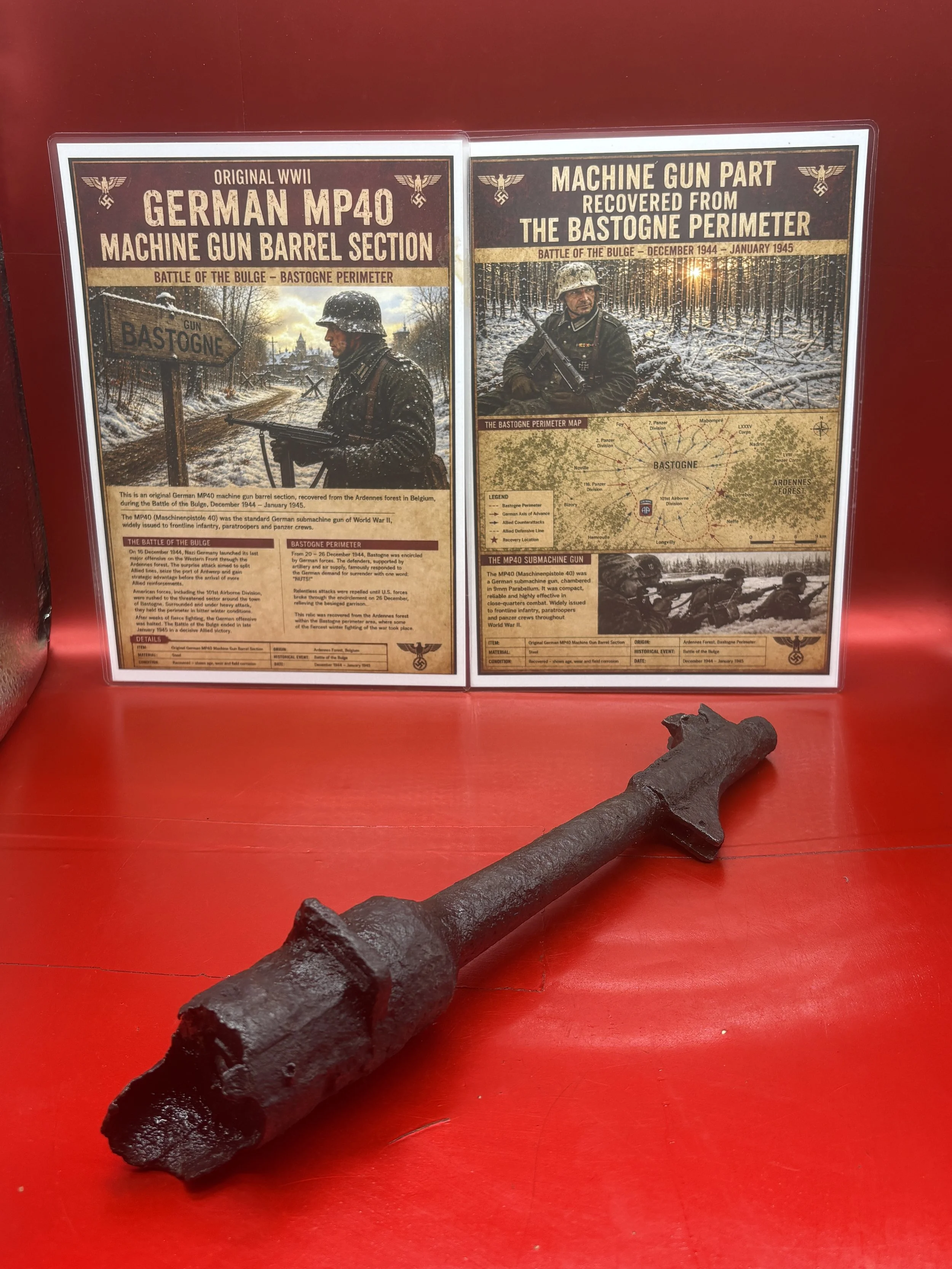Very rare fantastic condition battle damaged German MP40 machine gun barrel section that was recovered from the Bastogne perimeter of 1944 during the battle of Bulge