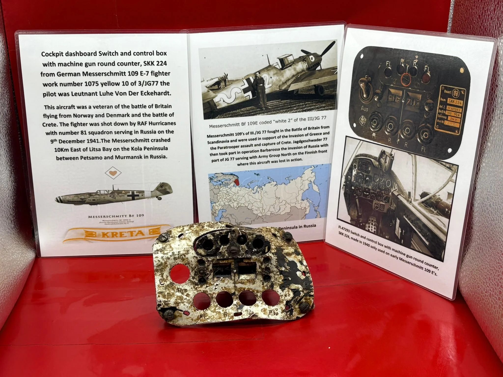 Totally rare cockpit dashboard switch ammo round counter, SKK224 from a Messerschmitt 109 number 1075 shot down by RAF Hurricane on 9th December 1941 and crashed near Murmansk in Russia