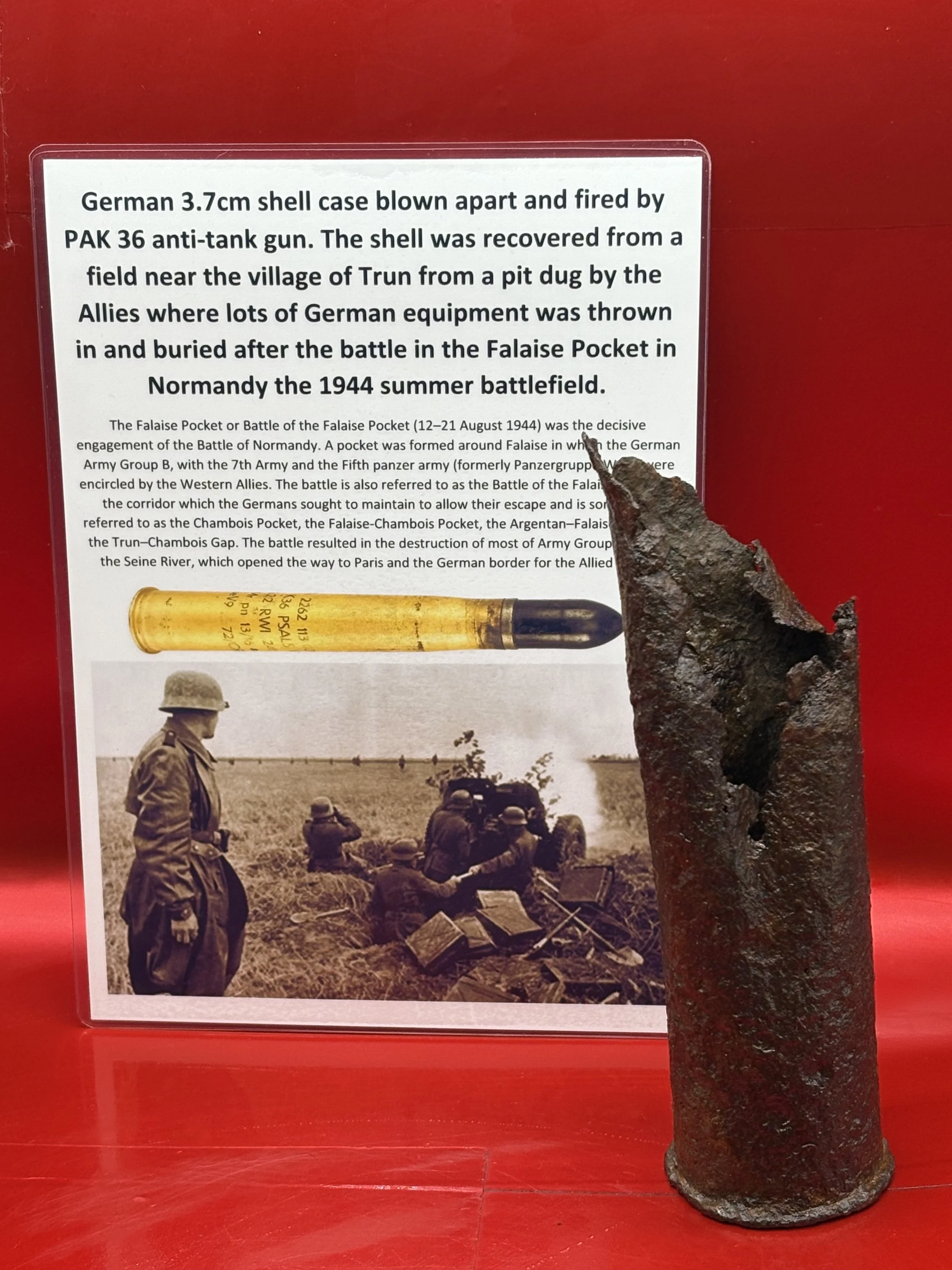 German steel shell case remains for 3.7cm PAK 36 anti tank gun recovered from a field near Trun in the Falaise pocket in Normandy 1944