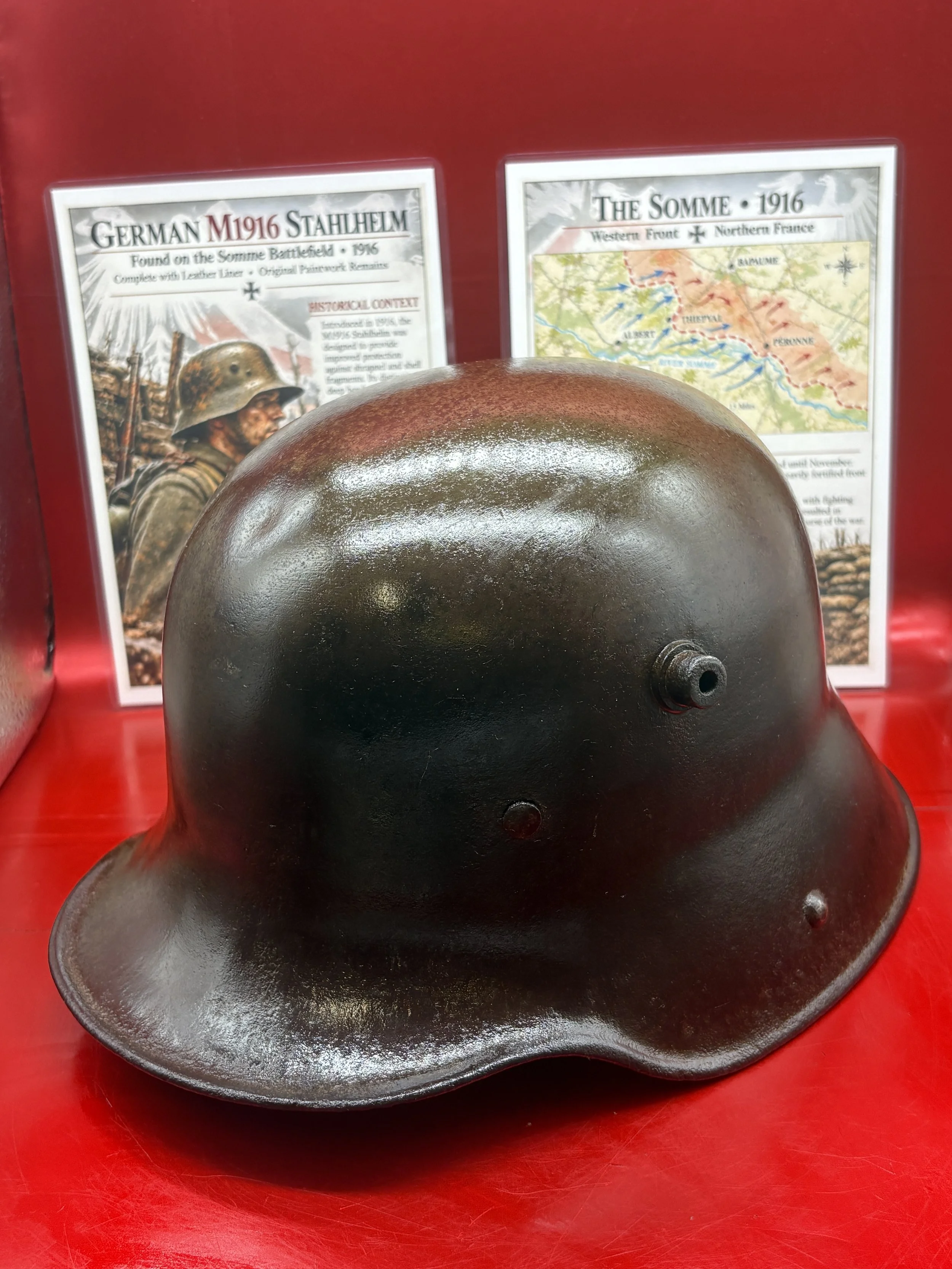 Very rare to find lovely German M1916 steel helmet [fantastic condition],complete leather liner, near all original green paintwork found on the Somme battlefield 1916-18