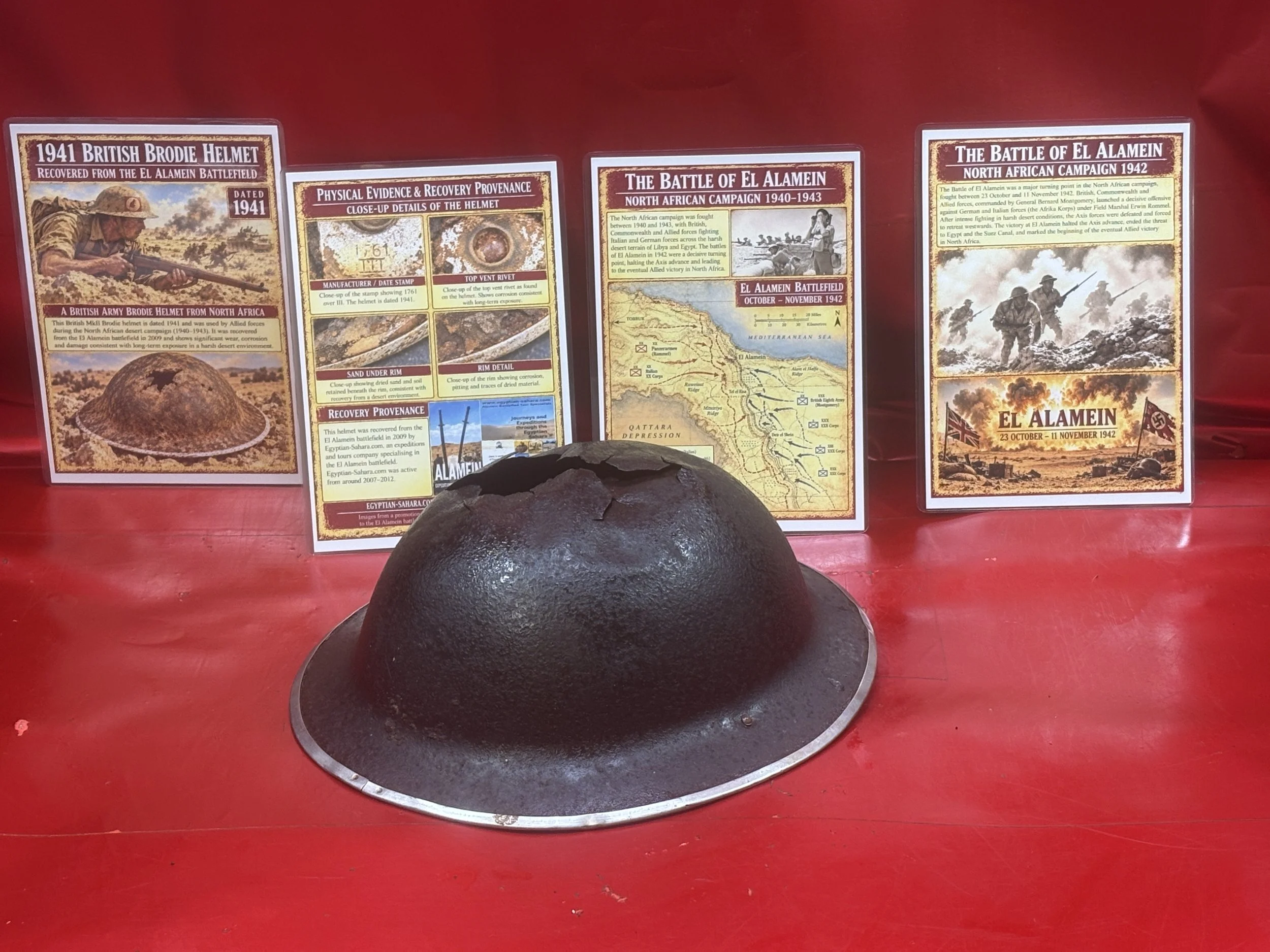 Very rare British brodie helmet, lovely relic condition that was dated 1941 with some sand remains in the rim, recovered 2009 from the battlefield of El Alamein in North Africa 1942