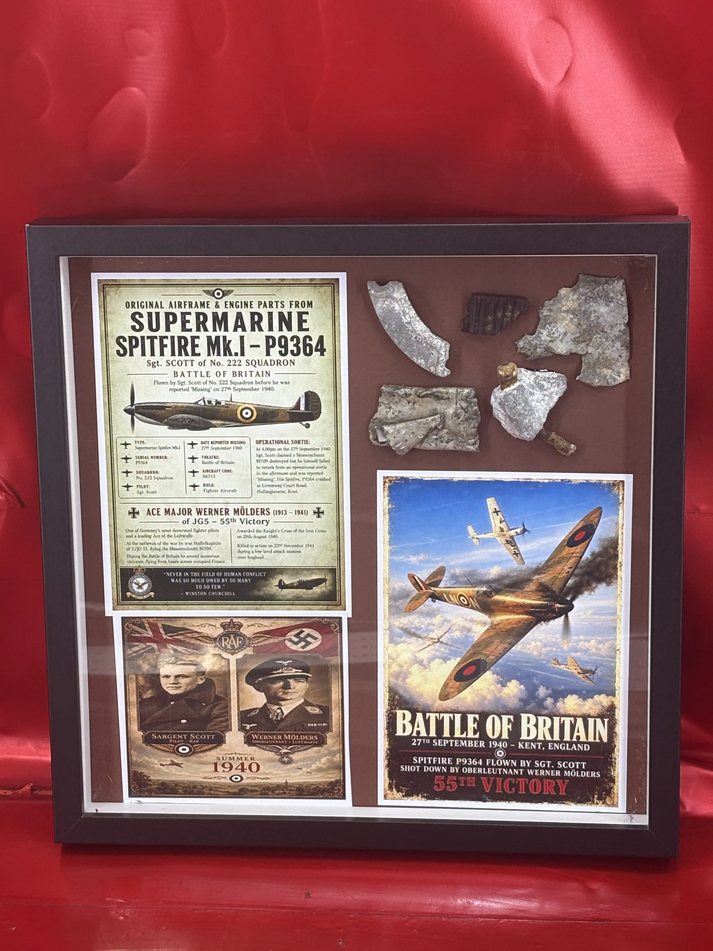 Large glass framed airframe/engine case from RAF Spitfire P9364 shot down by Ace Werner Molders, 27th September 1940 crashed in Hollingbourne, kent in Battle of Britain