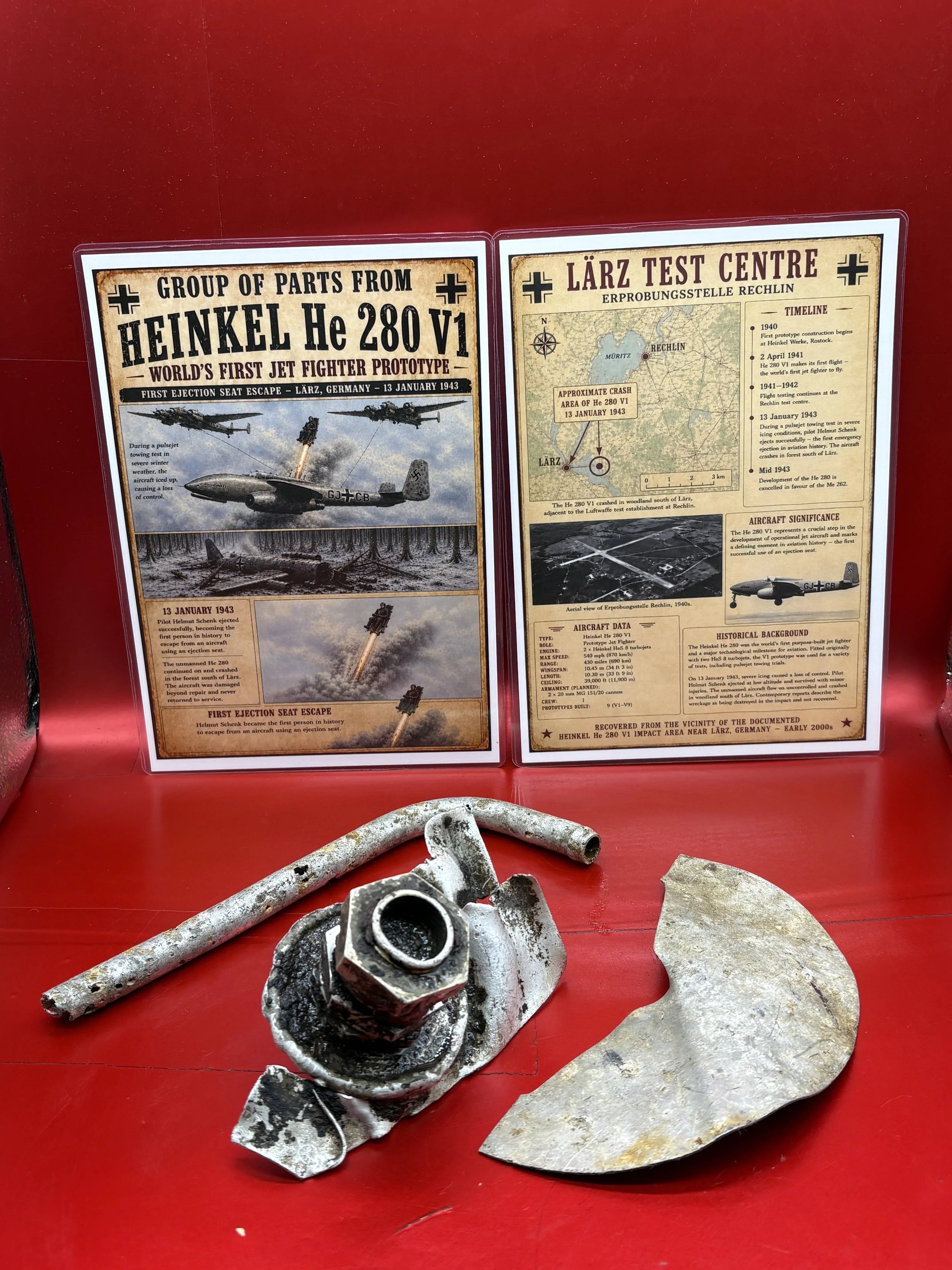 Totally rare clean group of parts from German Heinkel He 280 V2 jet fighter with worlds first ejector seat use after it crashed on January 13, 1942 near Rechlin around Larz test centre near Berlin