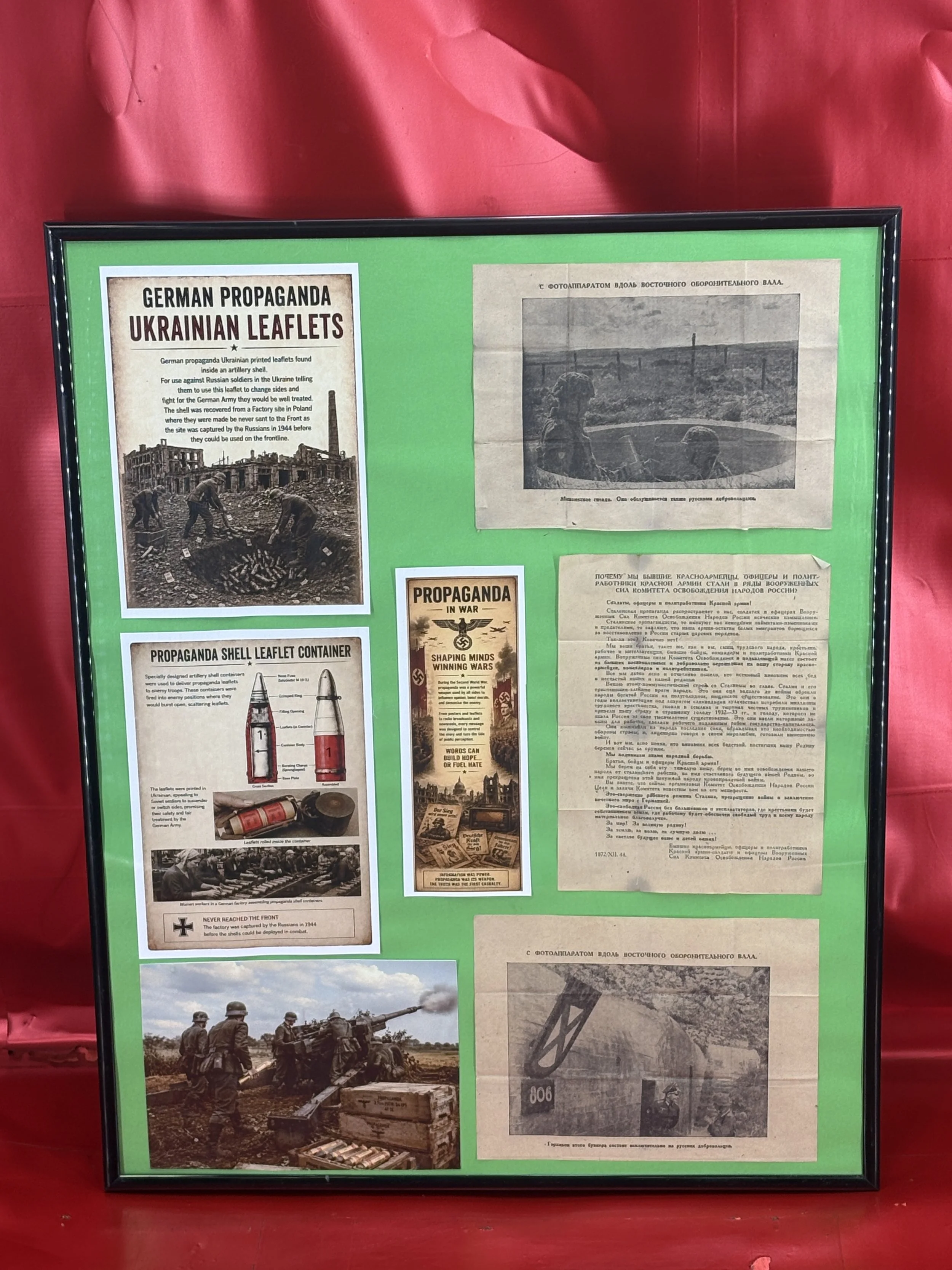 Large perspex frame German propaganda shell internal parts with Ukrainian printed leaflets telling Russian soldiers to change sides recovered from Factory site in Poland where they were made
