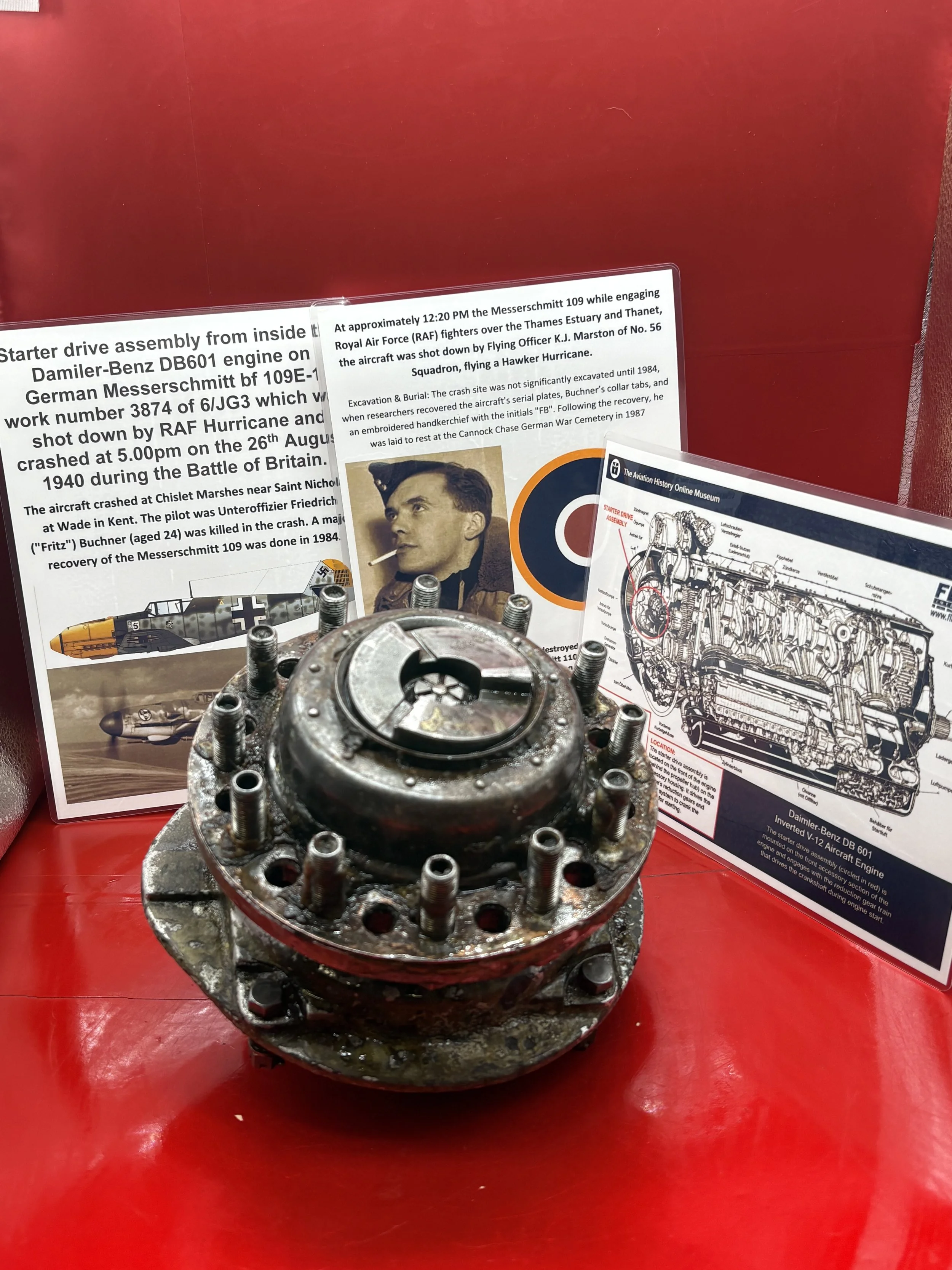 Very rare lovely starter drive assembly from inside the Damiler-Benz DB601 engine on German Messerschmitt bf 109E-1-3874 of 6/JG3,shot down on 26th August 1940 during the Battle of Britain