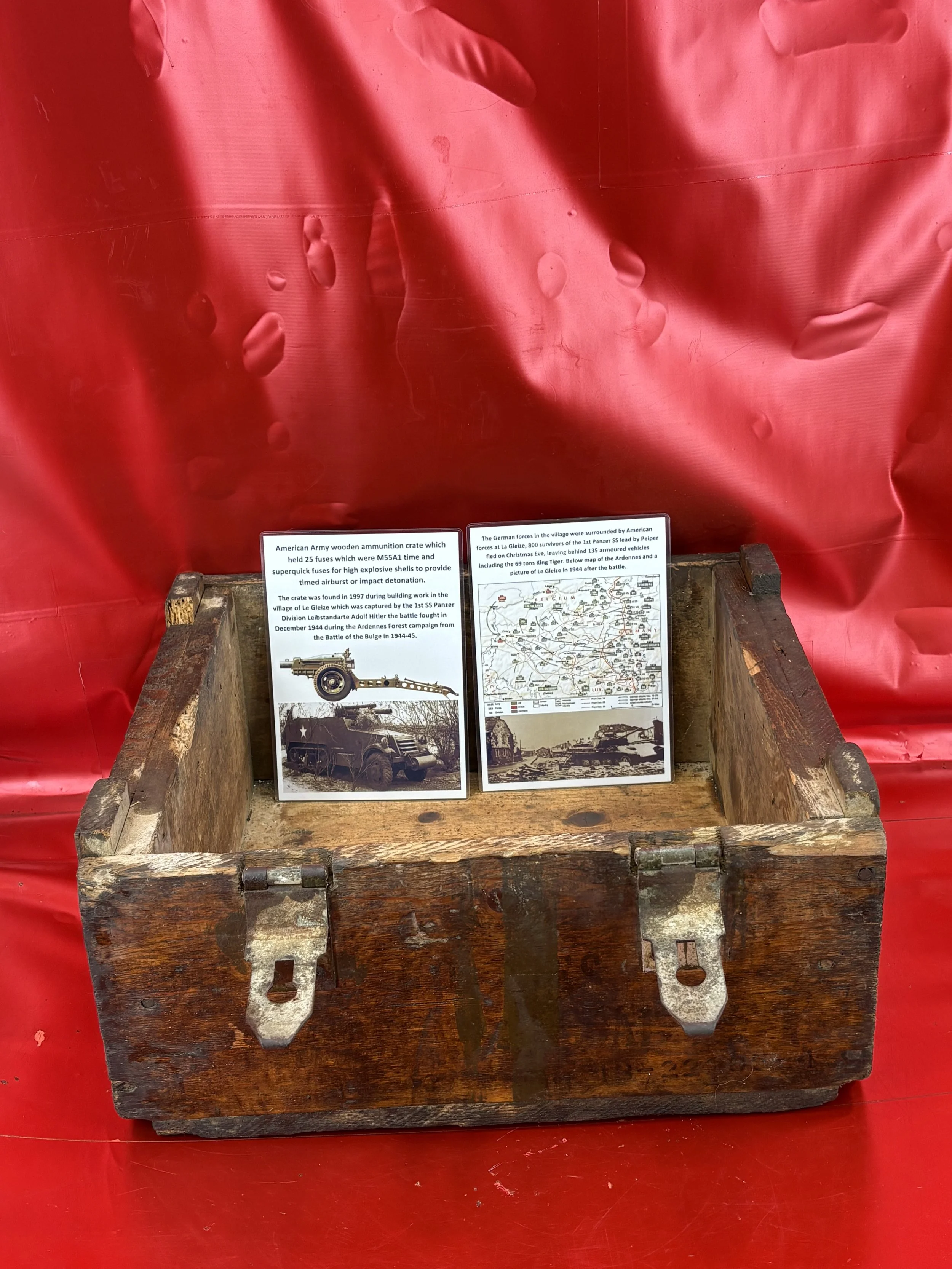 American Army wooden ammunition crate,held 25 fuses M55A1 time and superquick fuses for high explosive shells which was found in 1997 in the village of Le Gleize, Ardennes forest 1944