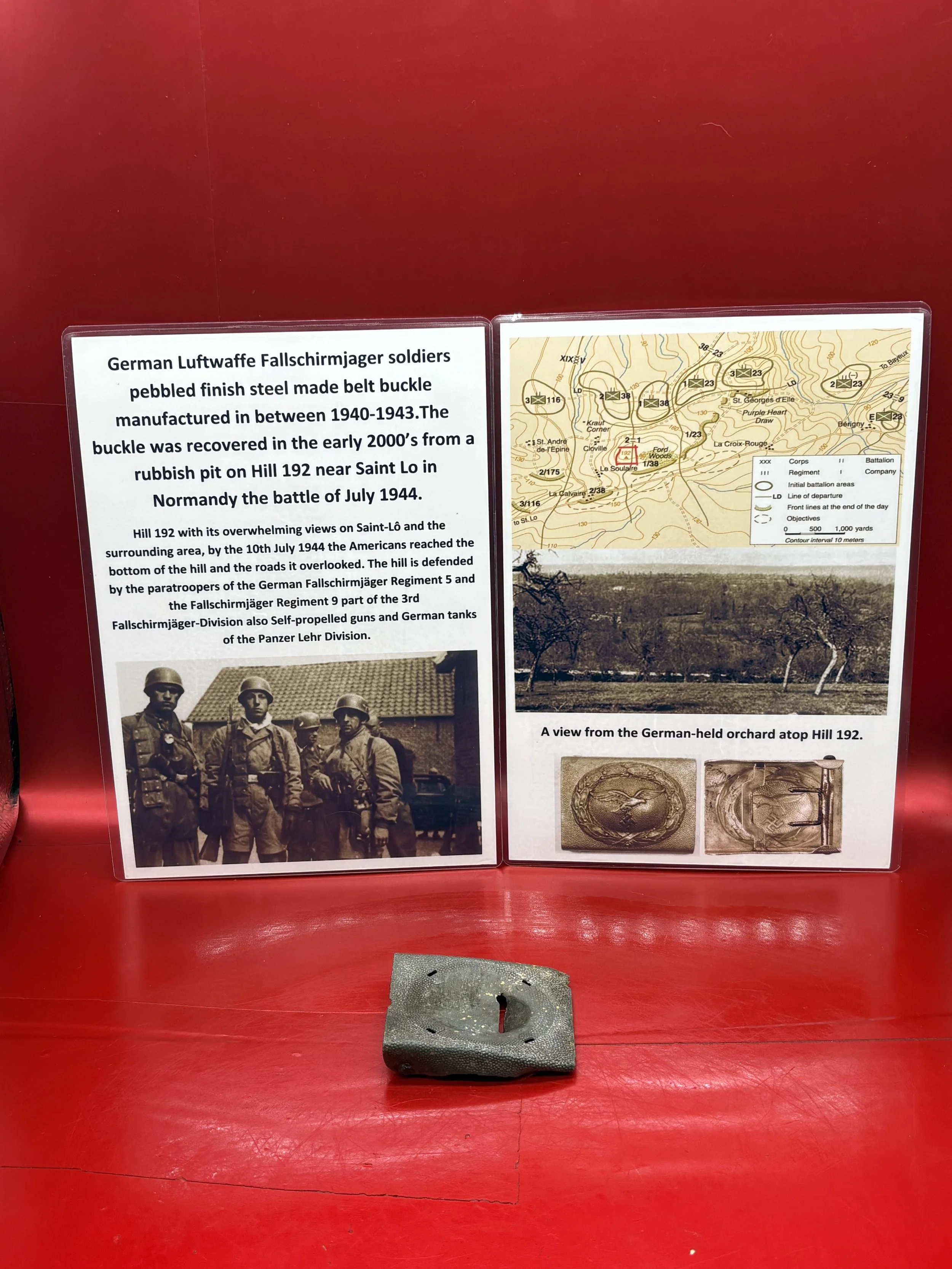 German Luftwaffe Fallschirmjager soldiers pebbled finish belt buckle,lovely relic condition recovered in 2000’s from a rubbish pit dug on Hill 192 in Normandy 1944
