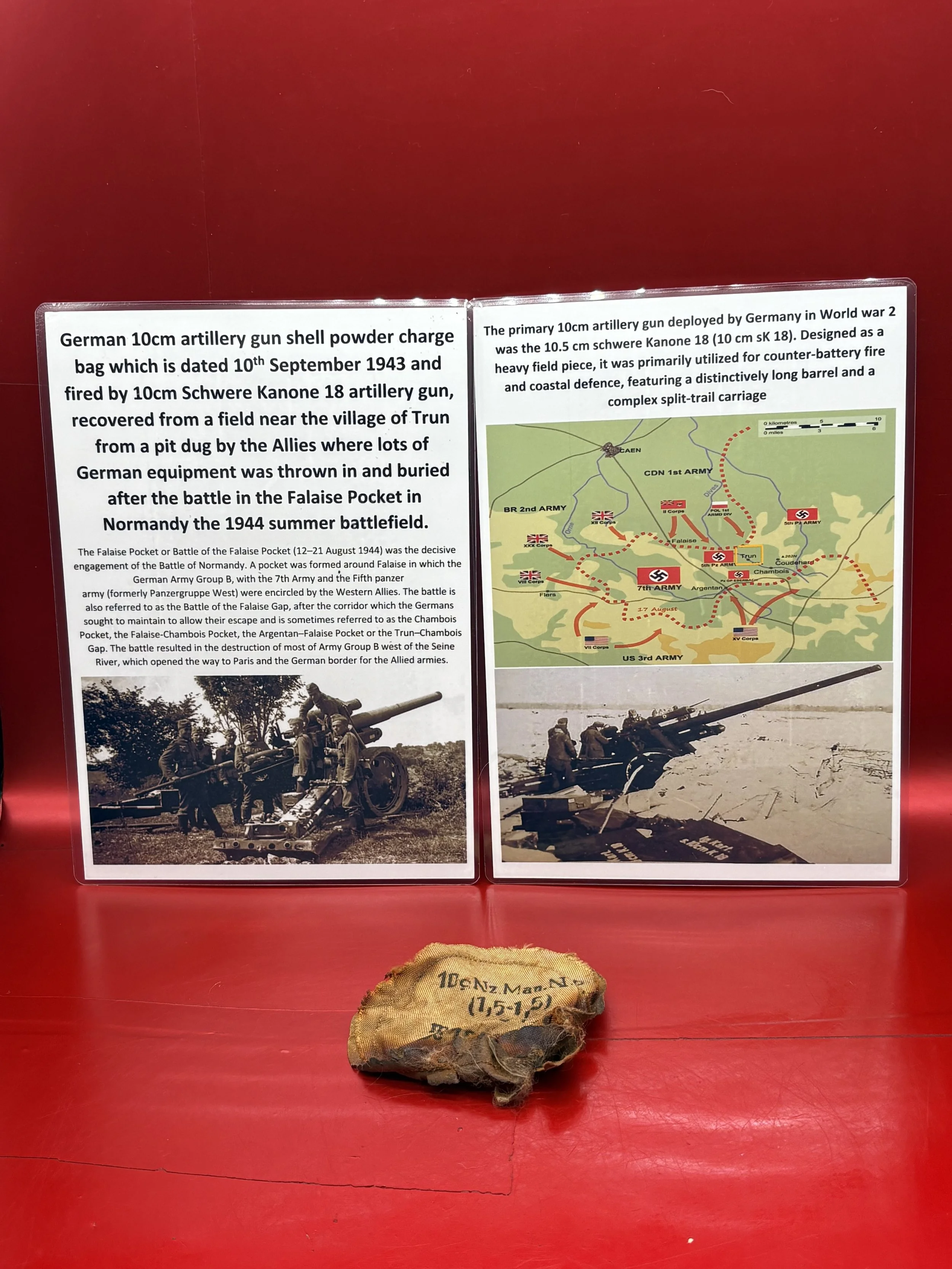 German 10cm artillery gun shell powder charge bag,dated 10th September 1943 and fired by 10cm Schwere Kanone 18 artillery gun recovered from near village of Trun in the Falaise Pocket, Normandy 1944