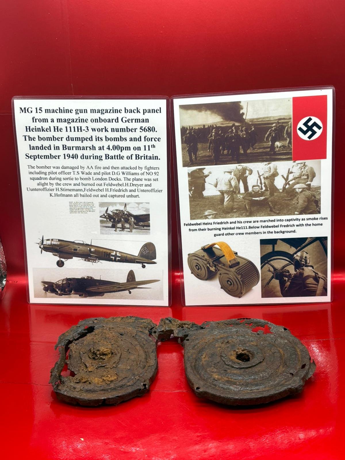 MG 15 machine gun magazine back panel from a magazine used by one of the onboard guns from German Heinkel He 111H-3 work number 5680 shot down 11th September 1940 during Battle of Britain